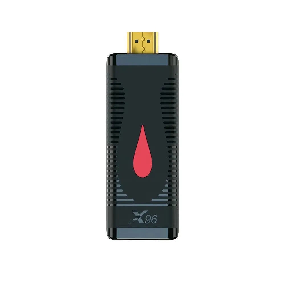 Compact Android TV streaming stick dongle with HDMI connector and remote control.