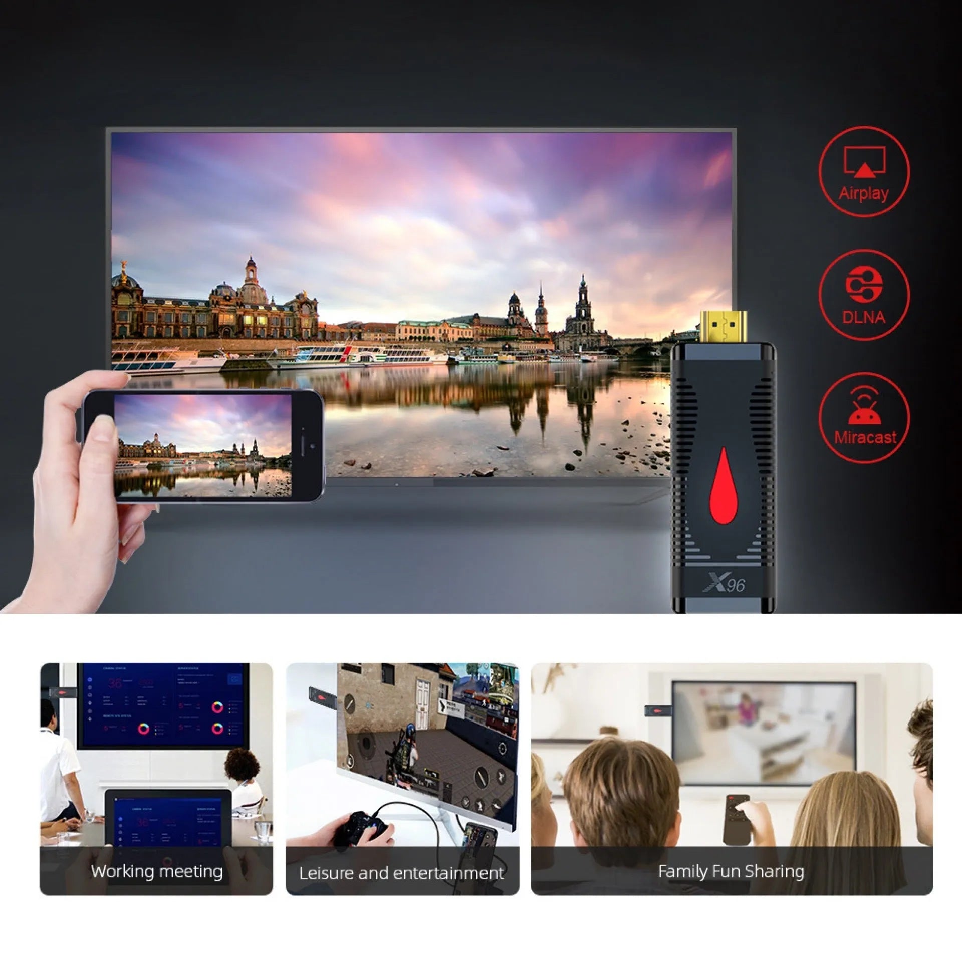 Compact Android TV streaming stick dongle with HDMI connector and remote control.