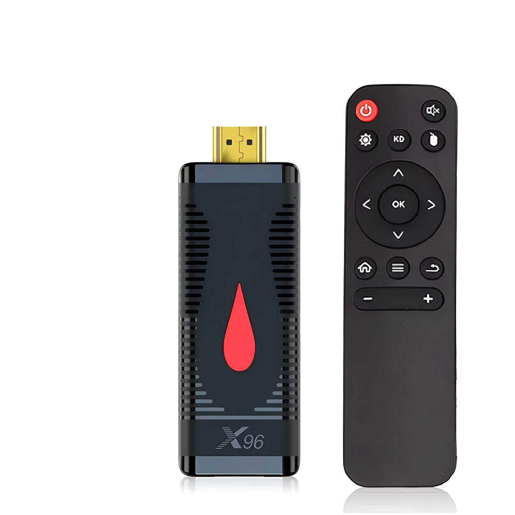 Compact Android TV streaming stick dongle with HDMI connector and remote control.