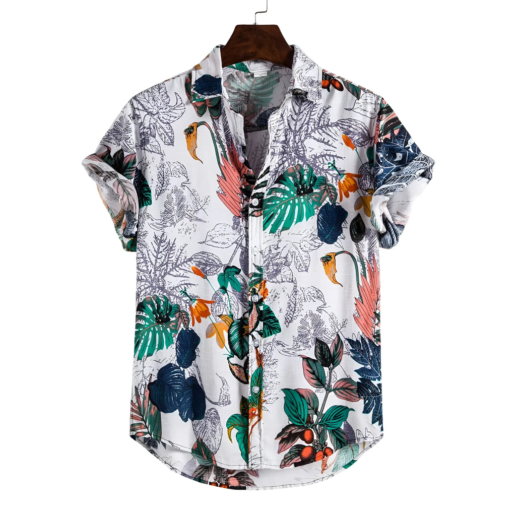 Men's cotton floral short-sleeve plus size shirt with stand-up collar in flower pattern
