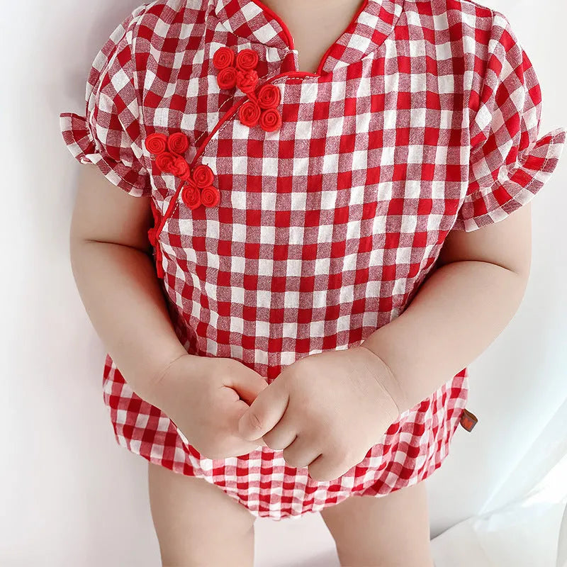 Red baby jumpsuit cheongsam style climbing suit cotton short sleeve pullover ethnic design