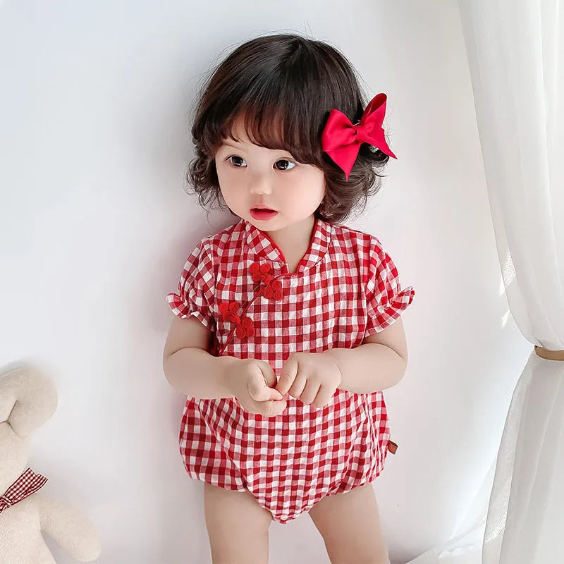 Red baby jumpsuit cheongsam style climbing suit cotton short sleeve pullover ethnic design