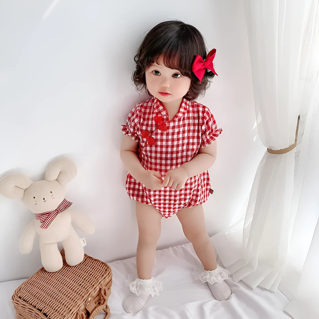 Red baby jumpsuit cheongsam style climbing suit cotton short sleeve pullover ethnic design