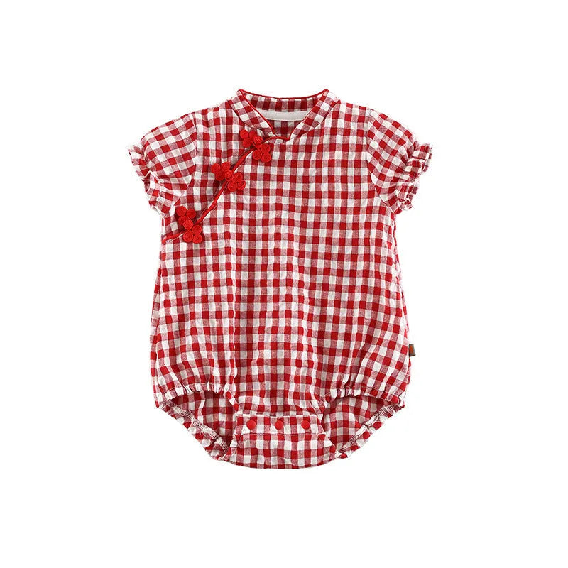 Red baby jumpsuit cheongsam style climbing suit cotton short sleeve pullover ethnic design
