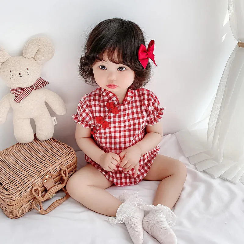 Red baby jumpsuit cheongsam style climbing suit cotton short sleeve pullover ethnic design