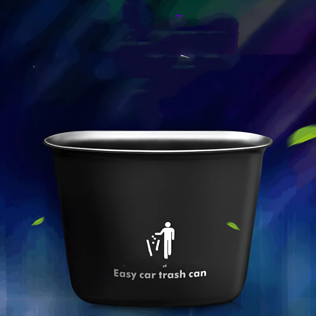 Black universal hanging car storage bucket used as a car trash can inside a vehicle