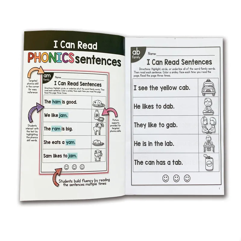 Children's phonics worksheet with English reading exercises on A4-sized paper for age 6+.