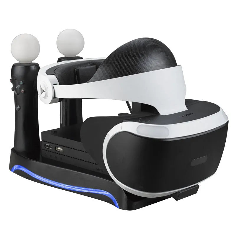 Black ABS plastic PS4 VR game controller charging dock on a flat surface.