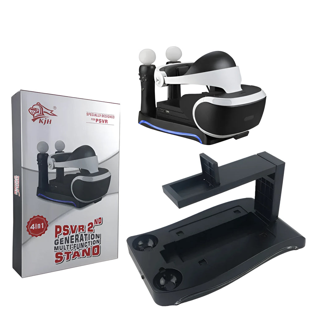 Black ABS plastic PS4 VR game controller charging dock on a flat surface.