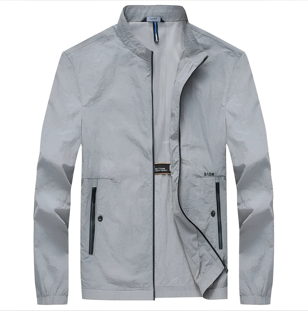 Men's blue polyester summer shirt with fashion city styling on hanger