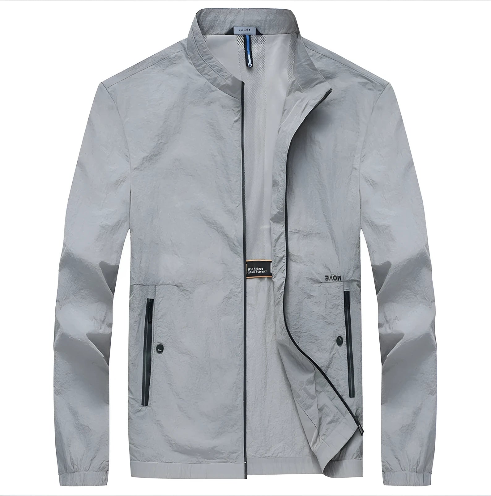Men's blue polyester summer shirt with fashion city styling on hanger