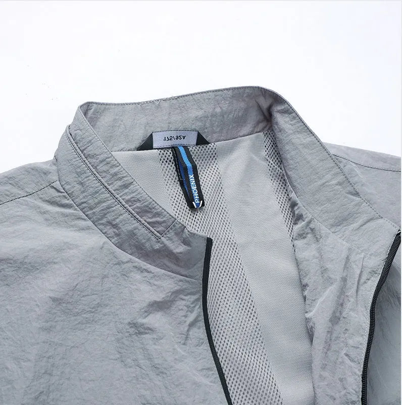 Men's blue polyester summer shirt with fashion city styling on hanger