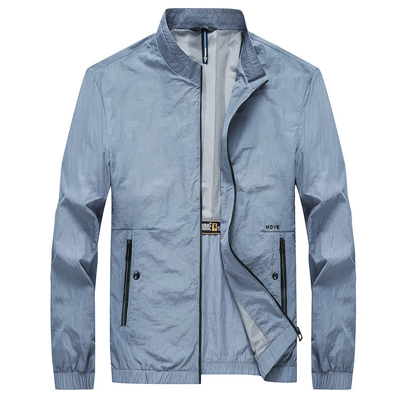 Men's blue polyester summer shirt with fashion city styling on hanger
