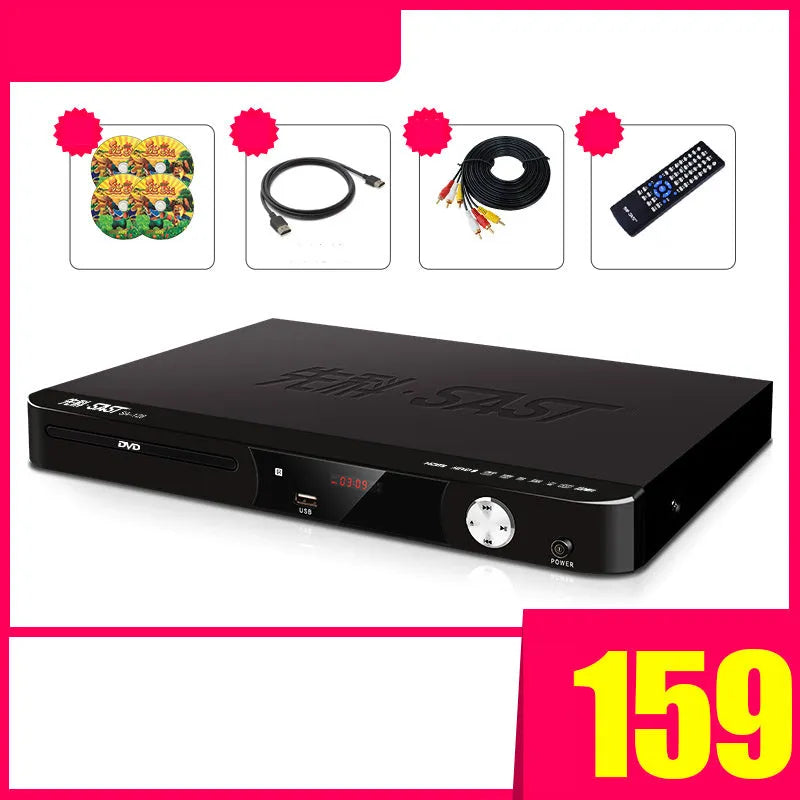 SAST Xianke SA208 DVD player unit showing front panel with display, tray mechanism, and control buttons