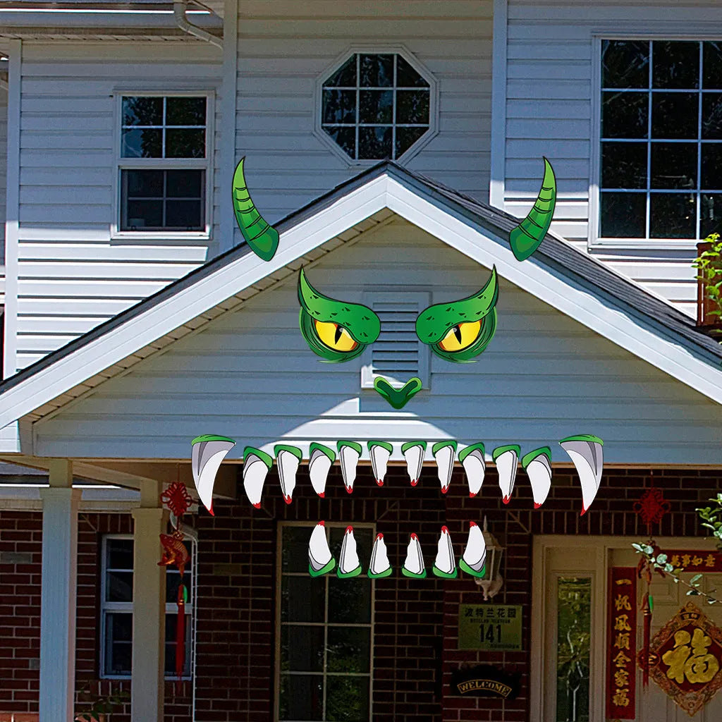 Oversized green monster Halloween door sticker with three-dimensional plastic PVC design for wall decoration