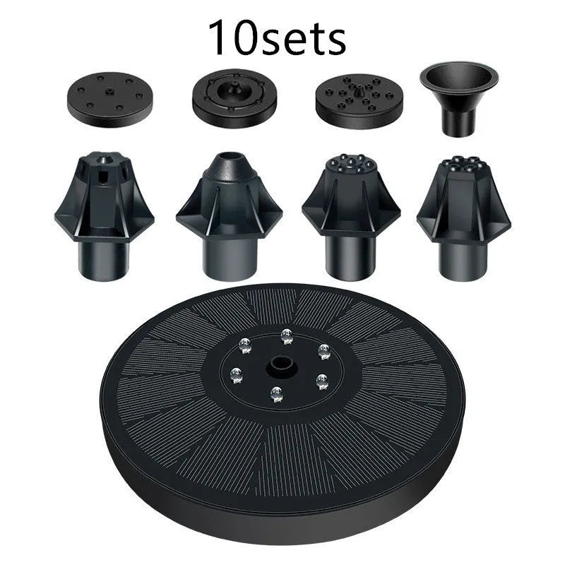 Black solar-powered water fountain pump with four different spray nozzles on a white background