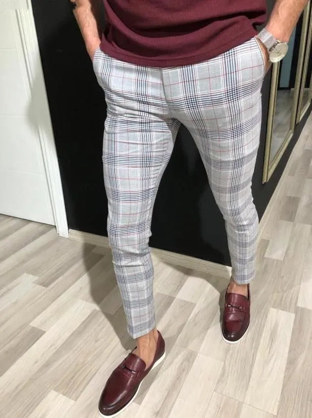 Men's loose-fit nine-point plaid trousers in grey grid pattern polyester summer casual