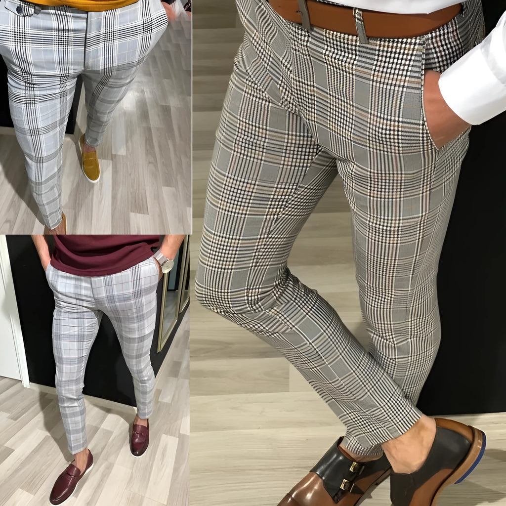 Men's loose-fit nine-point plaid trousers in grey grid pattern polyester summer casual