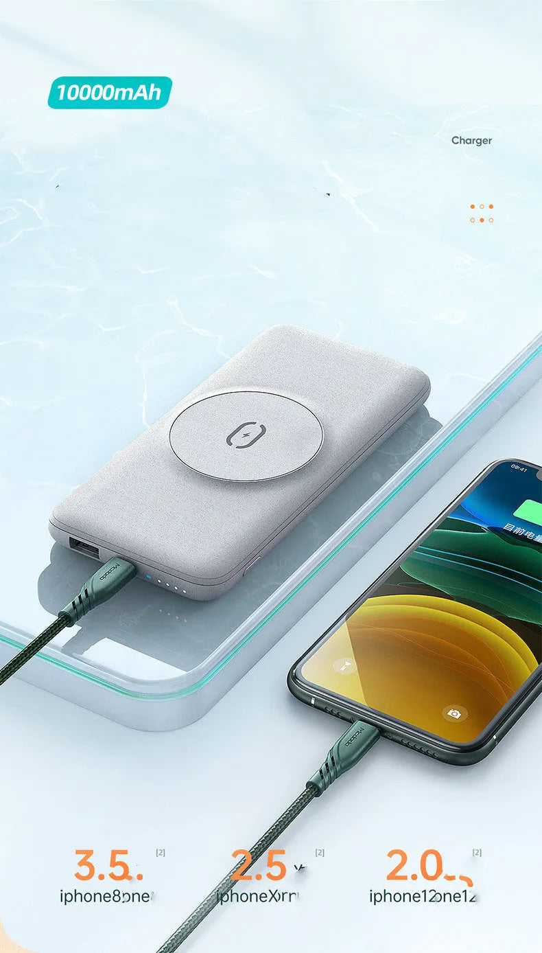Maiduo mint green Magsafe magnetic wireless charging power bank attached to an iPhone.