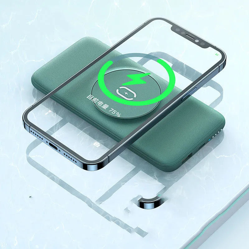 Maiduo mint green Magsafe magnetic wireless charging power bank attached to an iPhone.