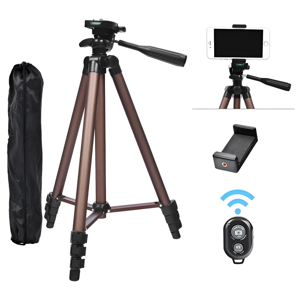 Aluminium camera tripod extended to 1.3m with hydraulic head, Bluetooth remote, and phone holder for iPhones.