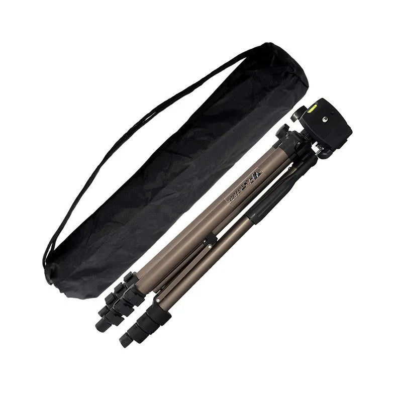 Aluminium camera tripod extended to 1.3m with hydraulic head, Bluetooth remote, and phone holder for iPhones.