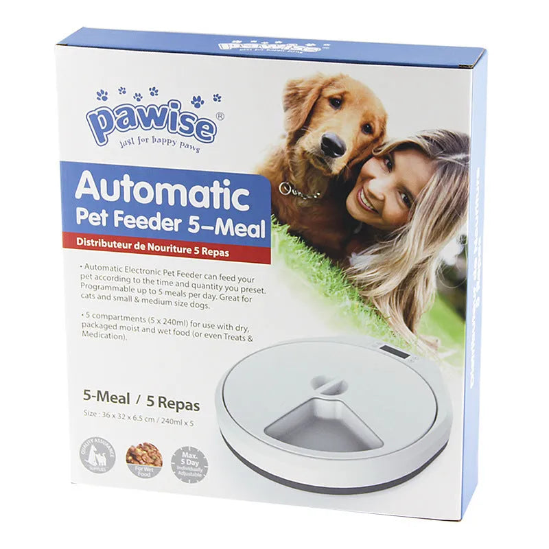 Pet automatic multi-grid feeder with five cells and timer for cats and dogs, food-grade plastic build