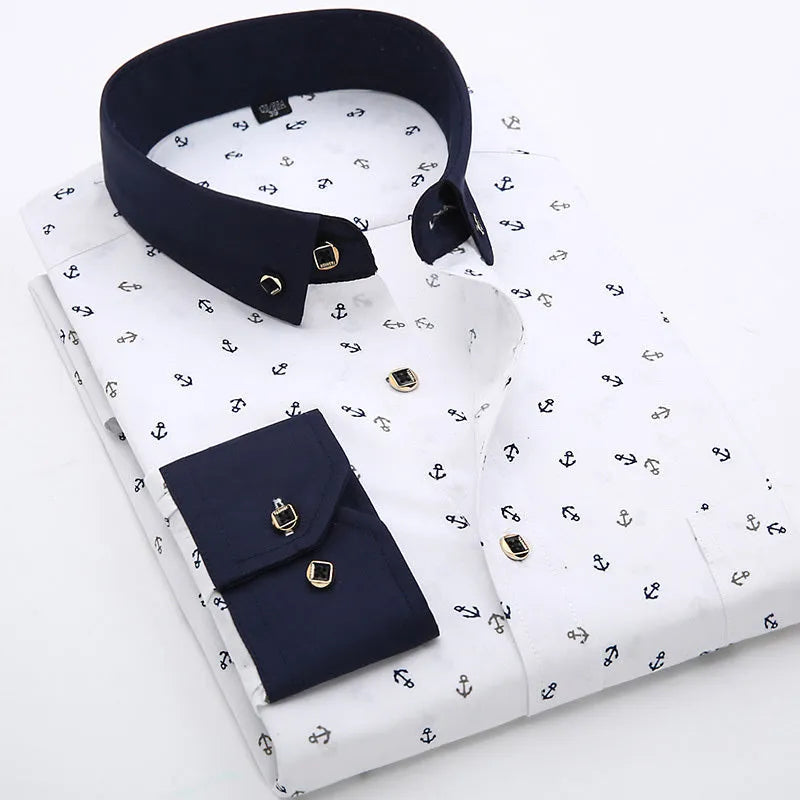 Men's long sleeve floral shirt with square collar and slim fit, sizes 38-44