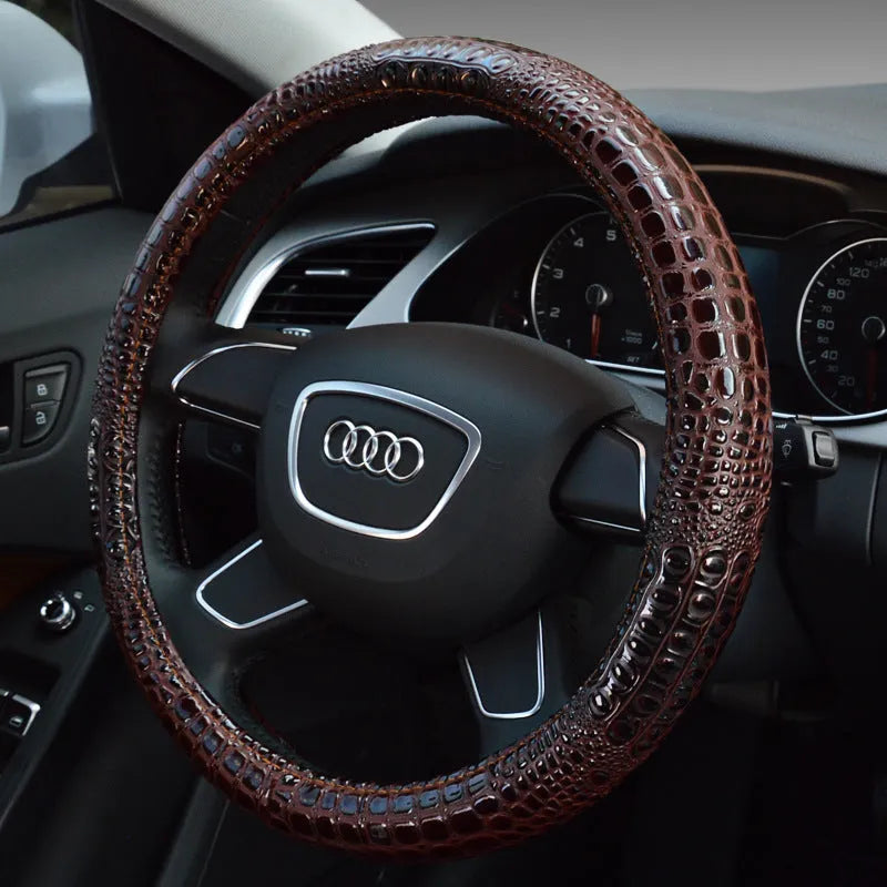 Leather steering wheel cover in black, blue, or light coffee, universal 38cm fit for all-season use.