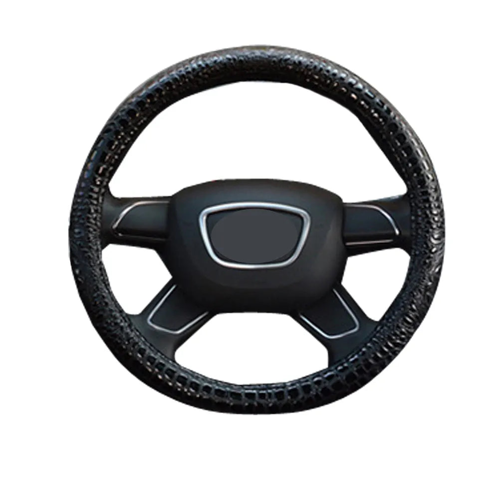 Leather steering wheel cover in black, blue, or light coffee, universal 38cm fit for all-season use.