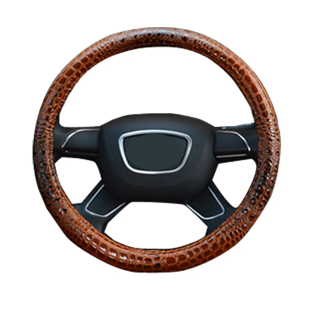 Leather steering wheel cover in black, blue, or light coffee, universal 38cm fit for all-season use.