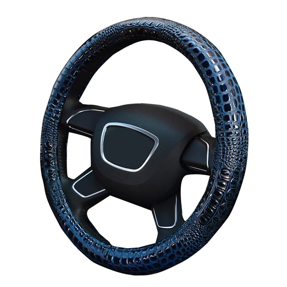 Leather steering wheel cover in black, blue, or light coffee, universal 38cm fit for all-season use.