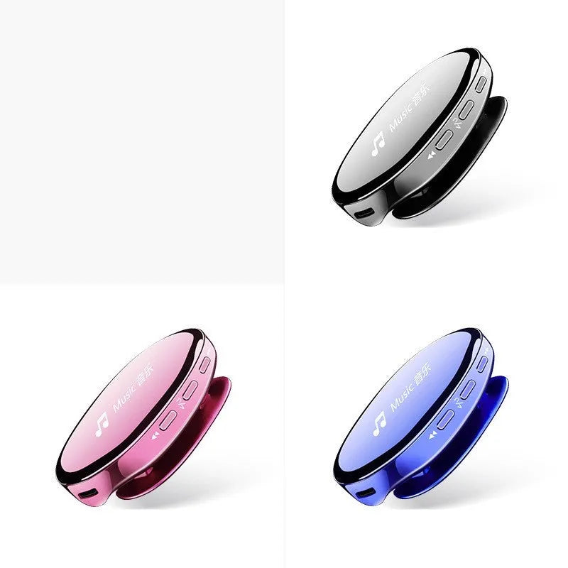 Blue Bluetooth MP4 music player with OLED screen showing track info, next to black and rose gold colour options.