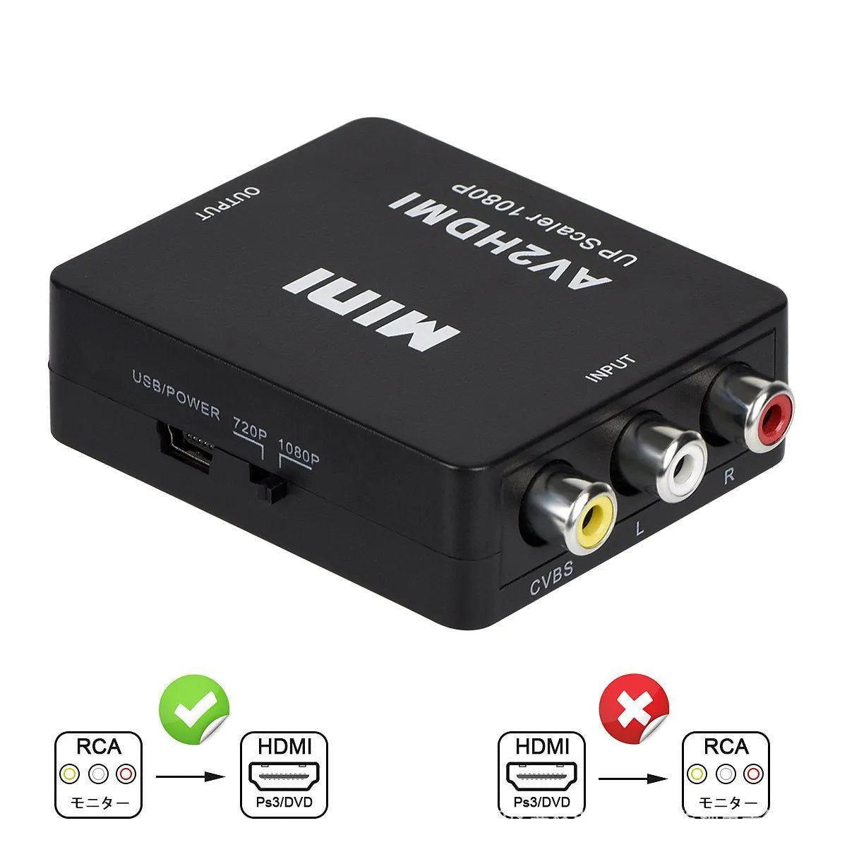 AV to HDMI converter with 0.5 metre cable in black and white colour options