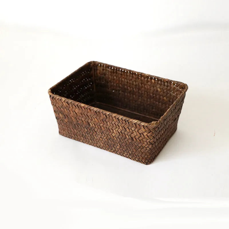 Natural straw desk storage box with woven construction in multiple sizes