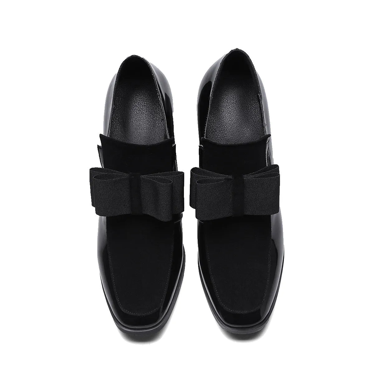 Black patent leather women's high heel shoes with a thick block heel and square toe.