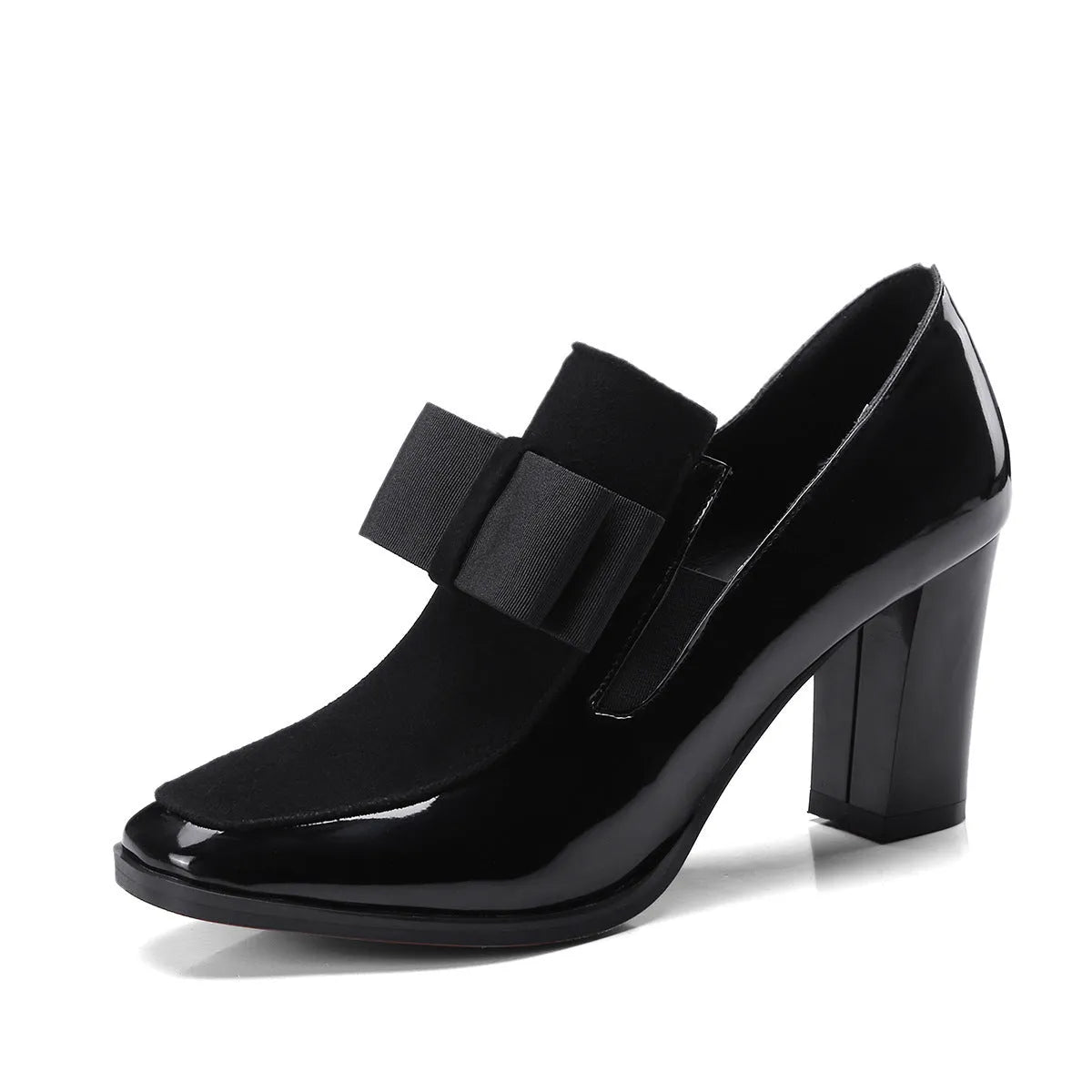 Black patent leather women's high heel shoes with a thick block heel and square toe.
