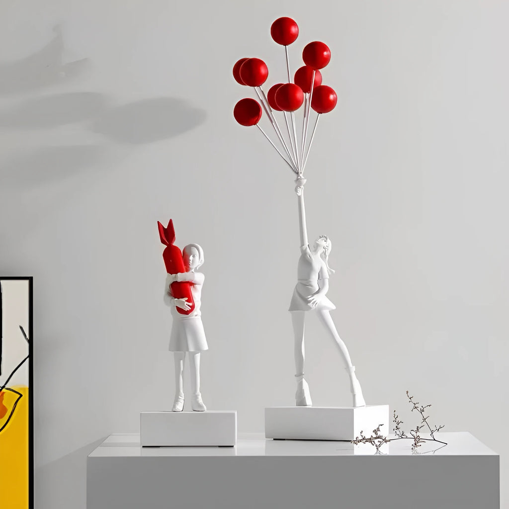 Bubble Girl character sculpture made from natural resin in a simple modern style, shown in a white colour option