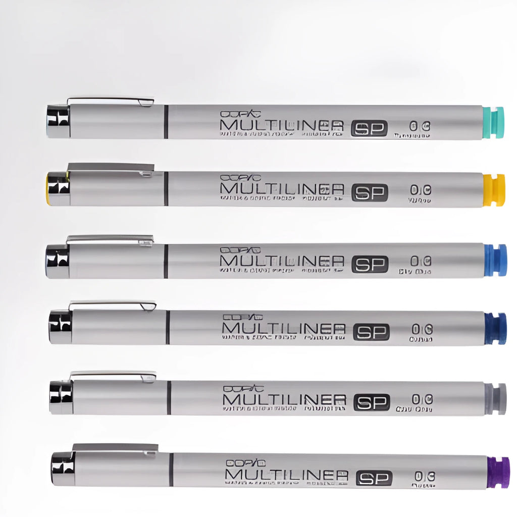 Copic Multiliner SP needle pen with aluminium body and waterproof ink, shown in black and colour options