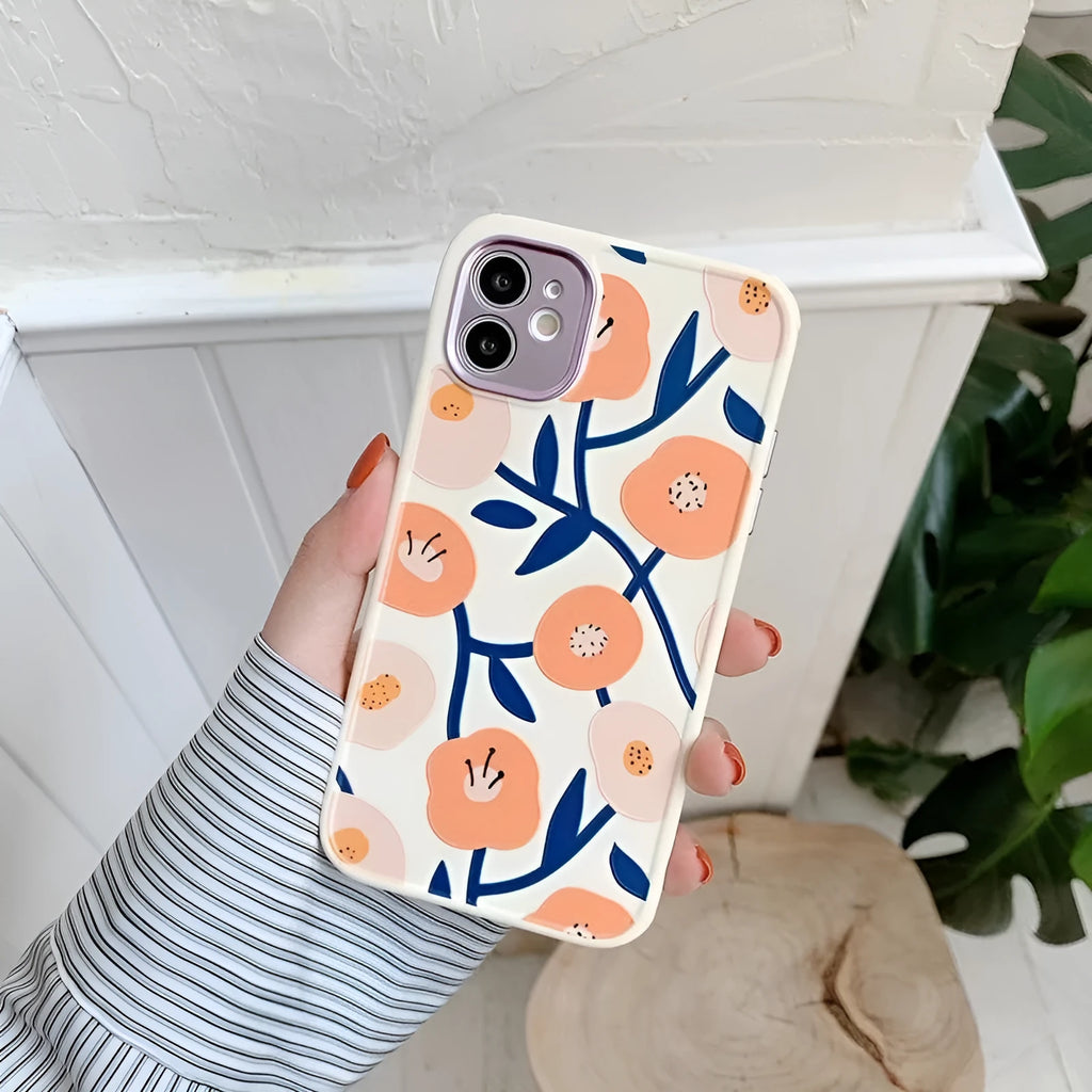 Yellow flower TPU anti-drop phone case for iPhone with electroplated lens surround