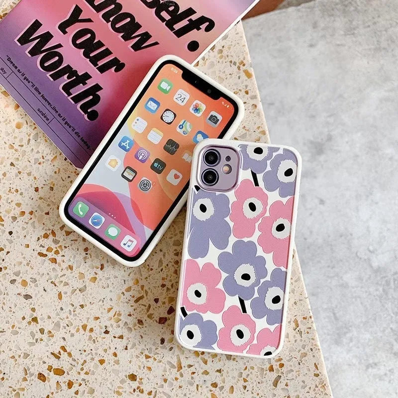 Yellow flower TPU anti-drop phone case for iPhone with electroplated lens surround