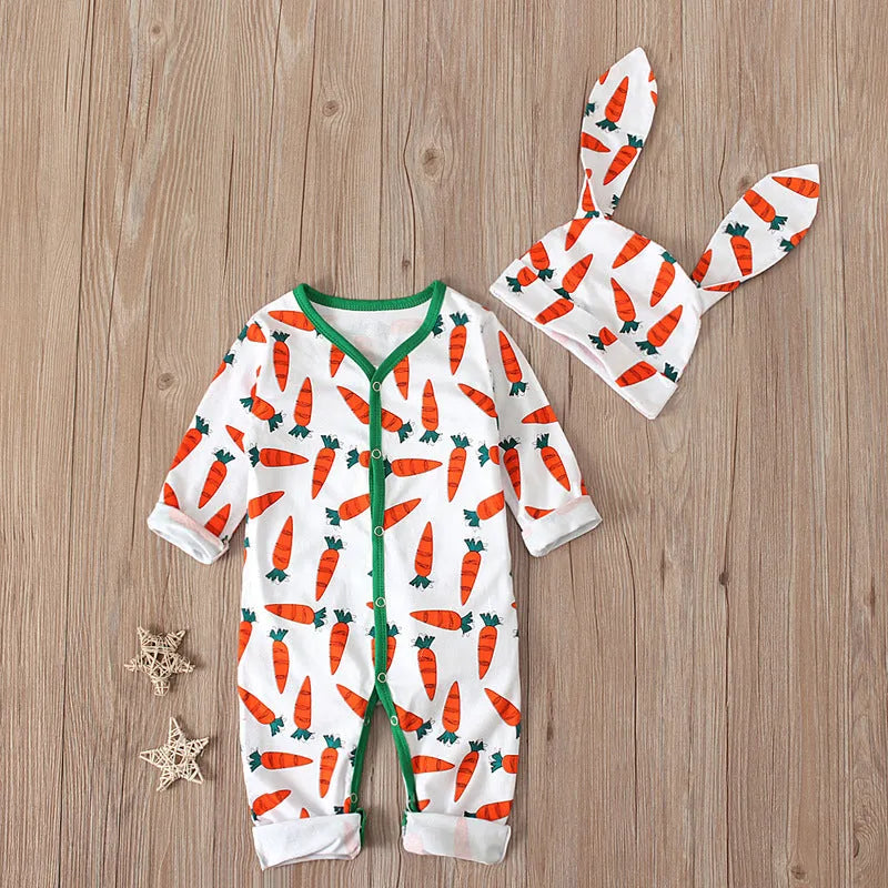 Red cotton baby romper jumpsuit for infants and toddlers on a white background