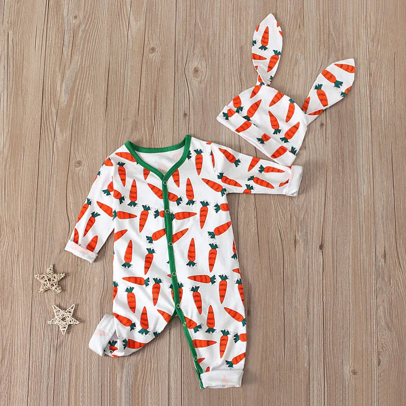 Red cotton baby romper jumpsuit for infants and toddlers on a white background