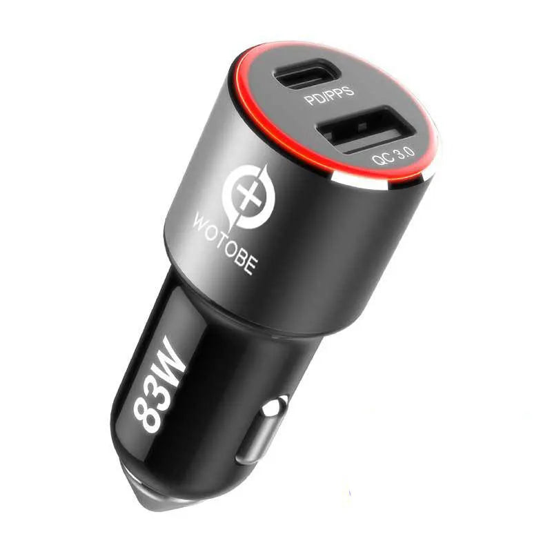Compact black 83W dual-port fast car charger for laptops and phones shown with a USB C cable.