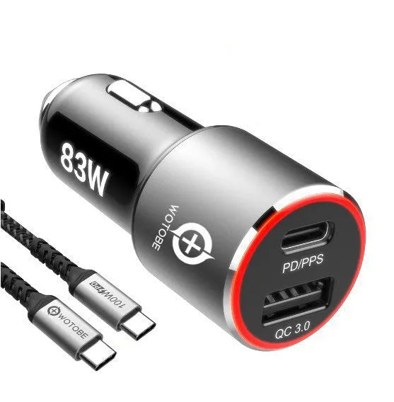 Compact black 83W dual-port fast car charger for laptops and phones shown with a USB C cable.