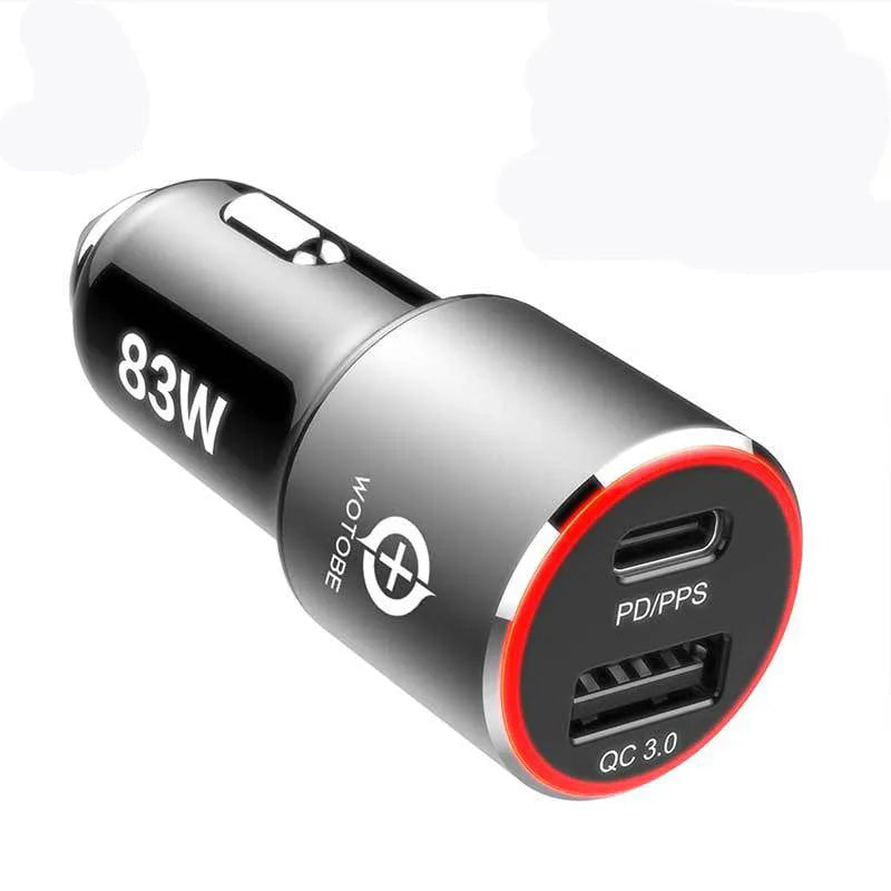 Compact black 83W dual-port fast car charger for laptops and phones shown with a USB C cable.