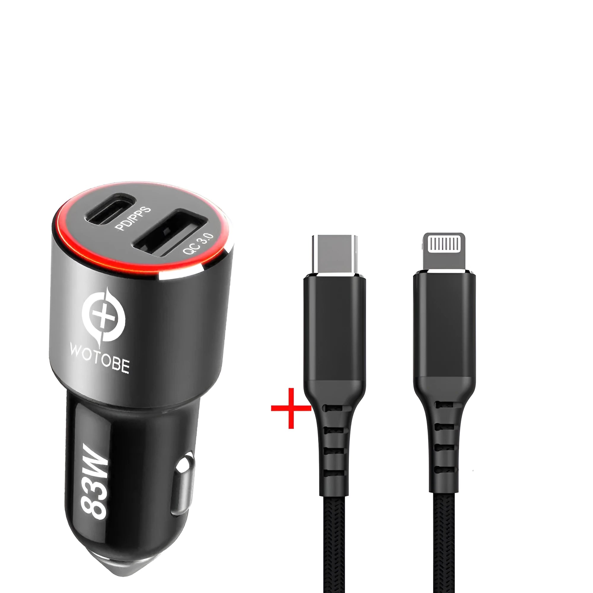 Compact black 83W dual-port fast car charger for laptops and phones shown with a USB C cable.