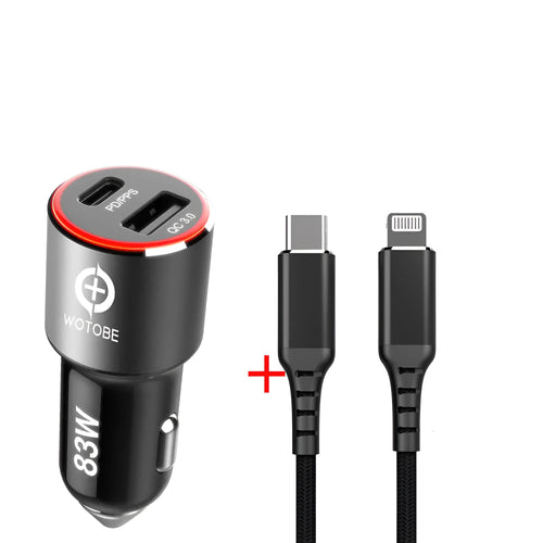Compact black 83W dual-port fast car charger for laptops and phones shown with a USB C cable.