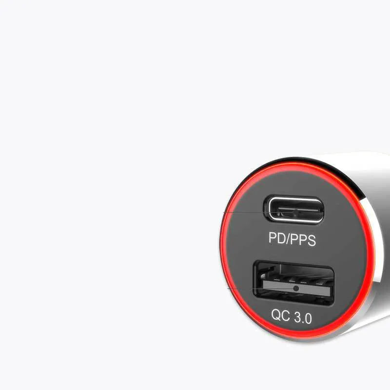 Compact black 83W dual-port fast car charger for laptops and phones shown with a USB C cable.