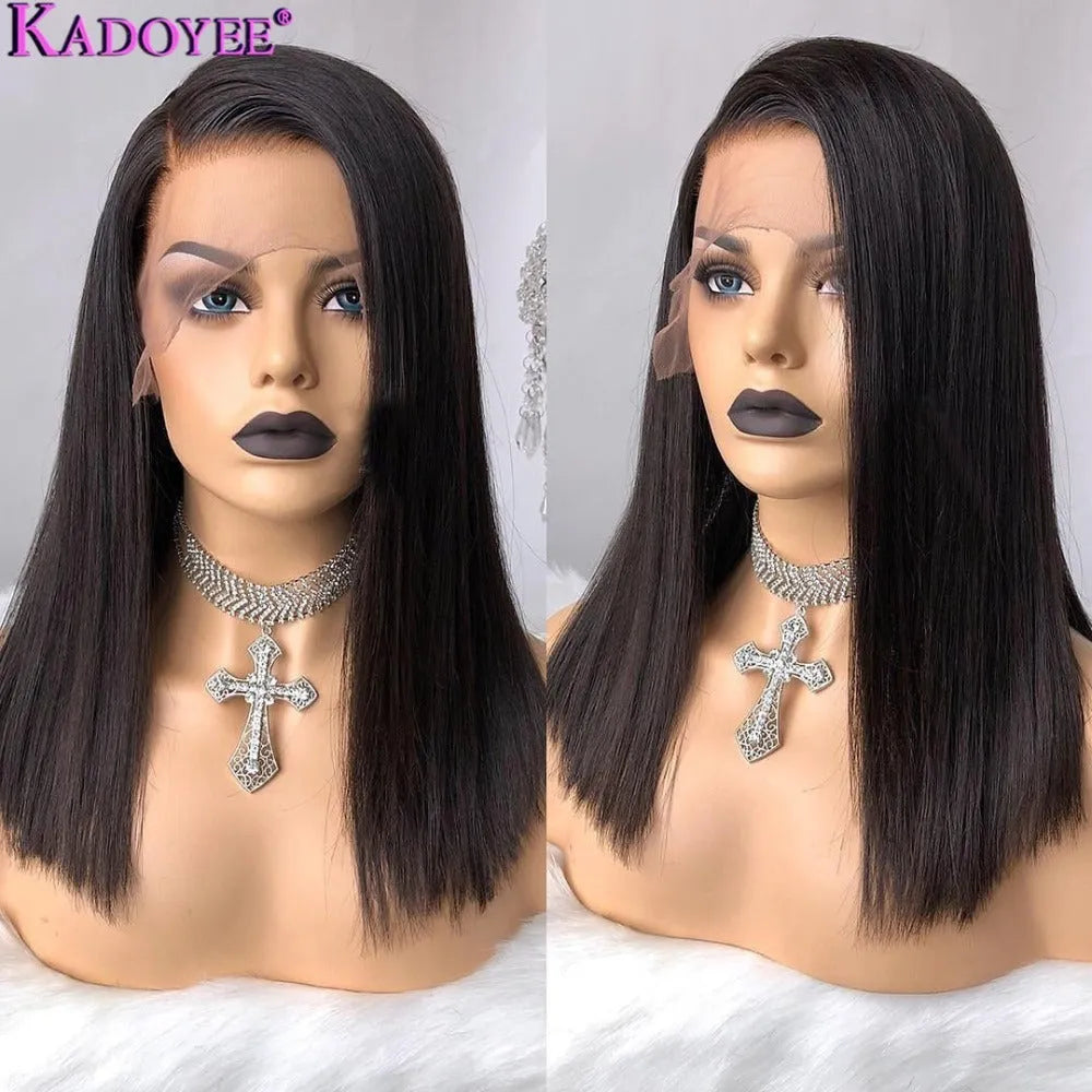 Kadoyee 13x4 lace front human hair wig for women, medium long length, half hand woven style